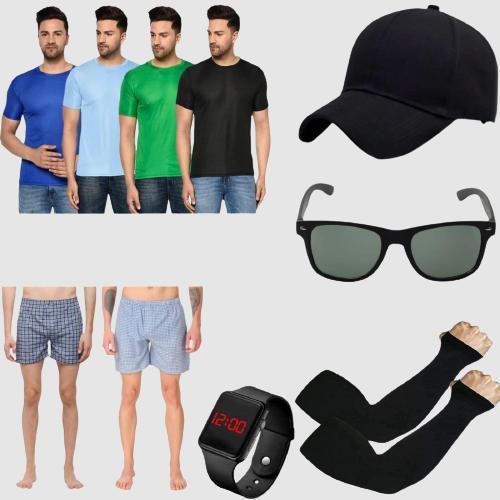 Fidato Men's Pack Of 4 Half Sleeves Round Neck T-shirt With Pack Of 2 Boxers Summer cap Wayfarer Sunglass And Digital Watch Sun UV Protection Hand Gloves